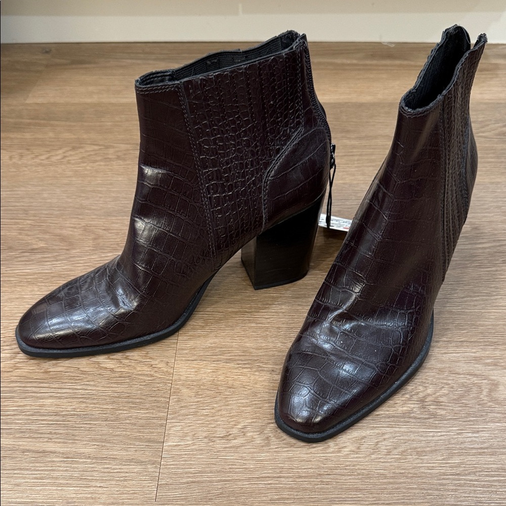 Zara Dark Brown Croc-Embossed Ankle Boots